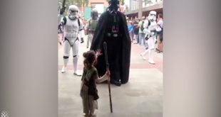 Four-year-old girl dressed as Rey meets Star Wars characters