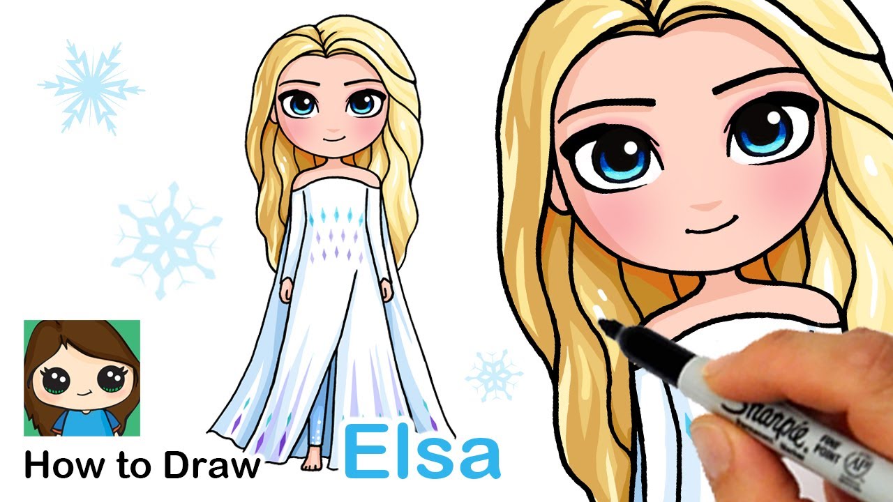 How to Draw Elsa in White Dress Hair Down - Disney Frozen