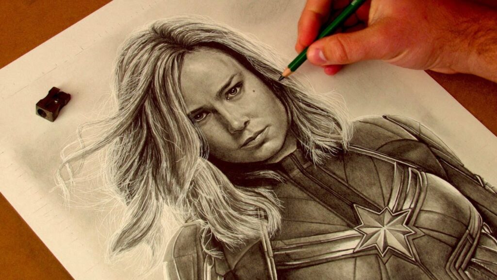 Drawing Captain Marvel portrait with pencil