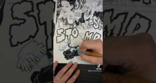 Inking a manga comic panel of Demon Slayer’s Zenitsu with traditional dip pen, brush & screen tones